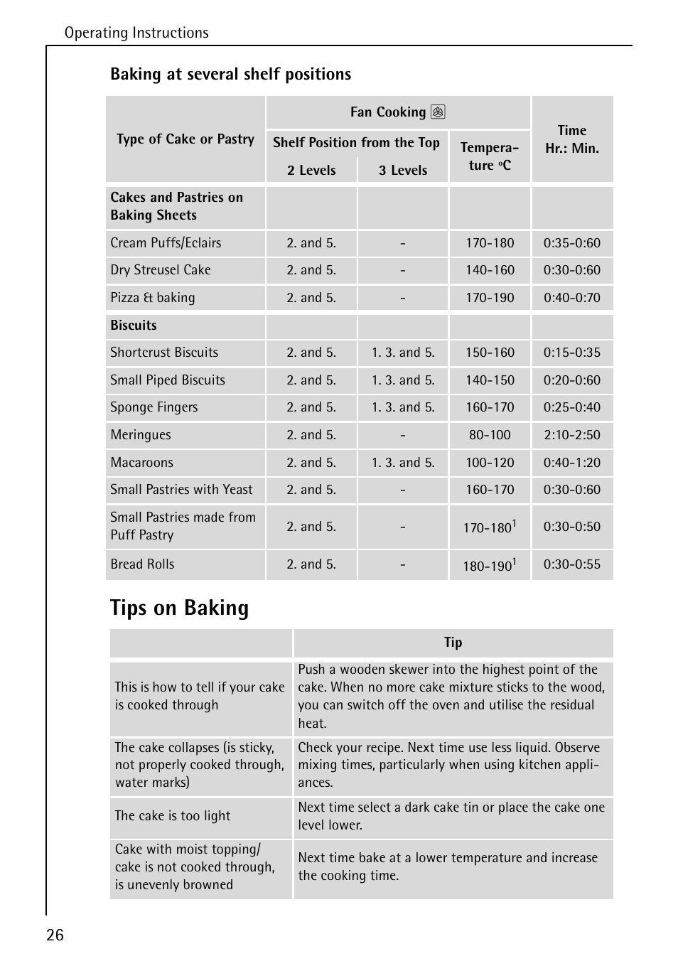 Tips on baking, 26 baking at several shelf positions | AEG COMPETENCE 5033 V User Manual | Page 26 / 52