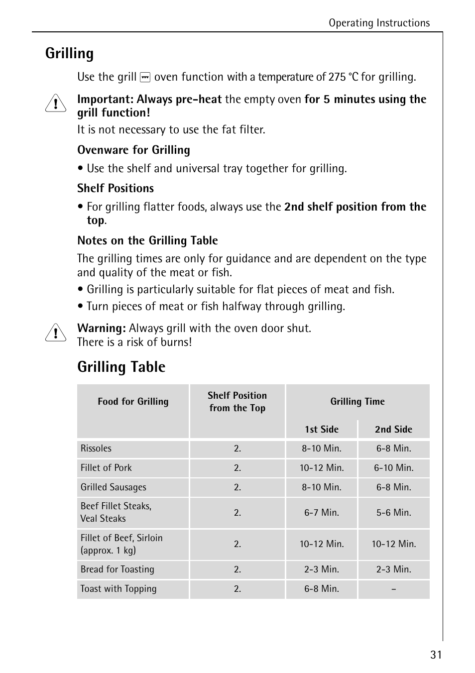 Grilling, Grilling table | AEG COMPETENCE 5033 V User Manual | Page 31 / 52
