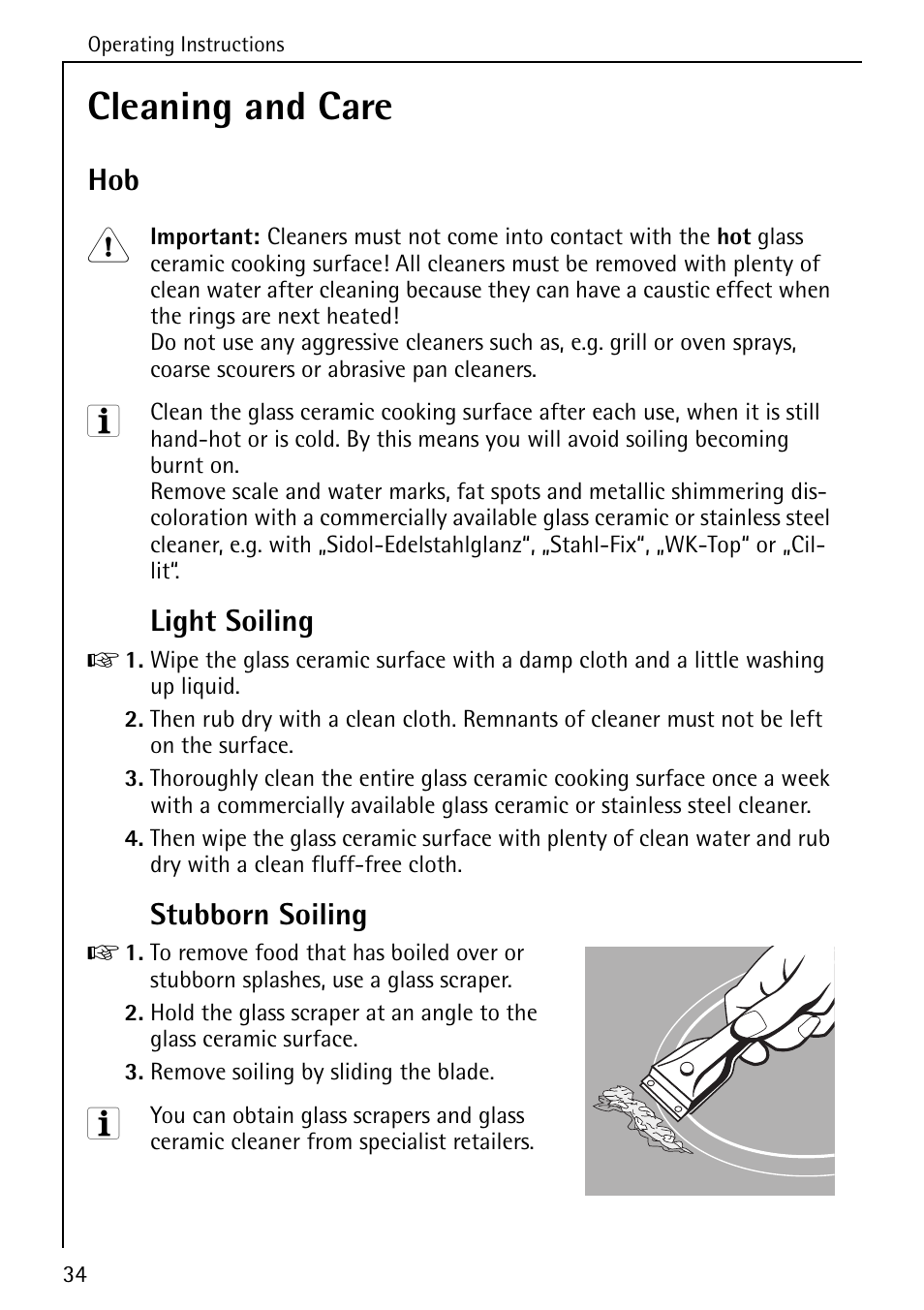 Cleaning and care, Light soiling, Stubborn soiling | AEG COMPETENCE 5033 V User Manual | Page 34 / 52