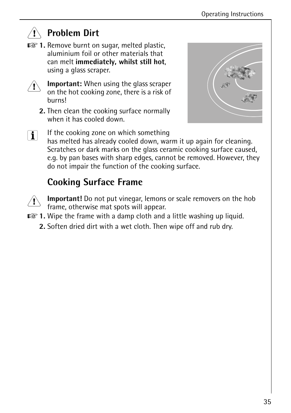 Problem dirt, Cooking surface frame | AEG COMPETENCE 5033 V User Manual | Page 35 / 52