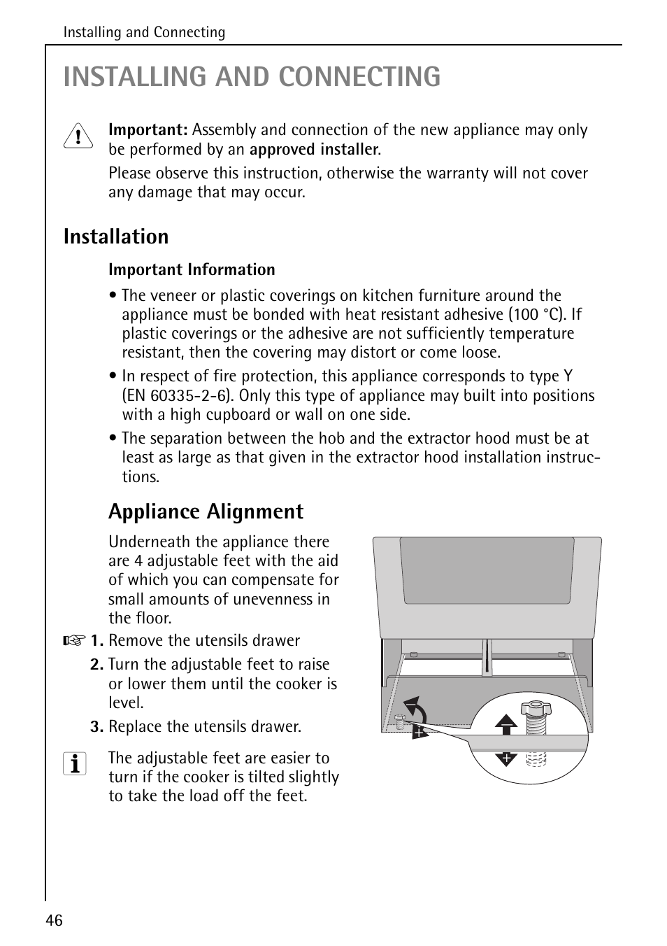 Installing and connecting, Installation, Appliance alignment | AEG COMPETENCE 5033 V User Manual | Page 46 / 52