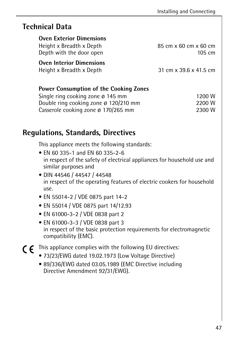Technical data, Regulations, standards, directives | AEG COMPETENCE 5033 V User Manual | Page 47 / 52