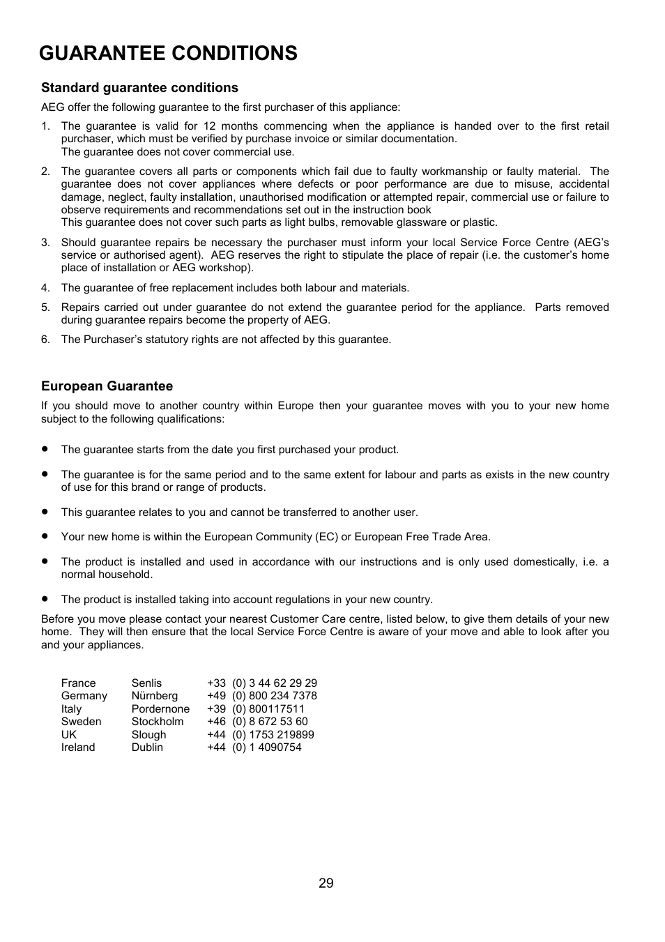 Guarantee conditions | AEG COMPETENCE U3100-4 User Manual | Page 29 / 36