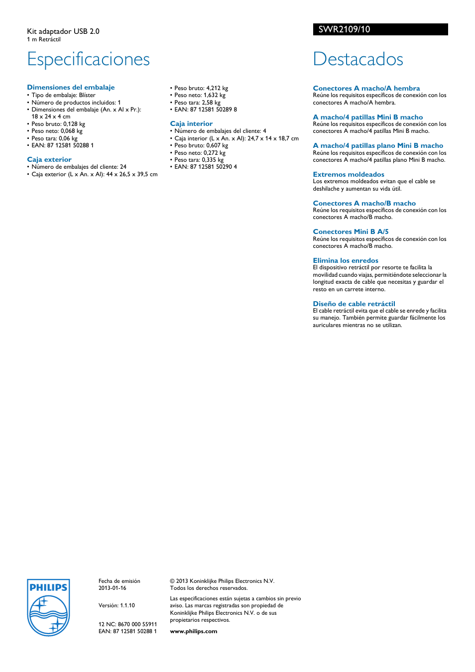 Especificaciones, Destacados | Philips Kit adaptador USB 2.0 User Manual | Page 2 / 2