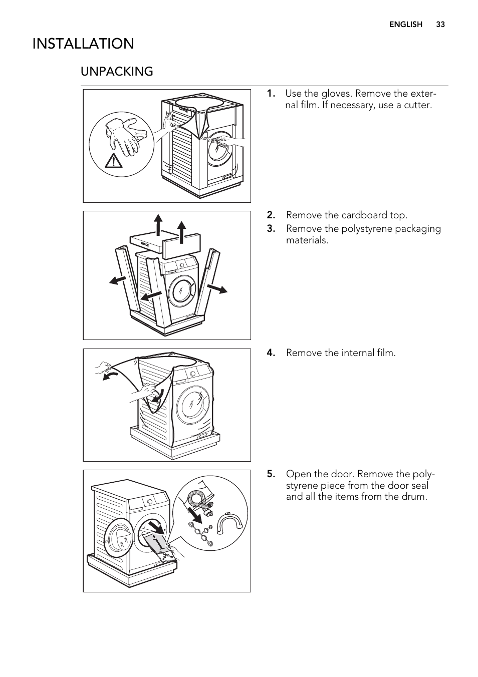 Installation, Unpacking | AEG L 87680 FL User Manual | Page 33 / 40