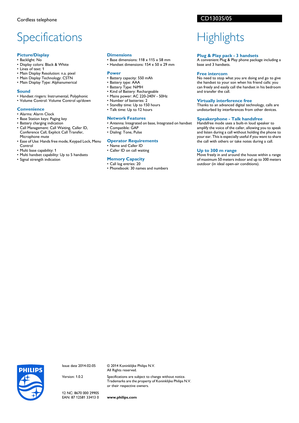Specifications, Highlights | Philips CD1303S User Manual | Page 2 / 2