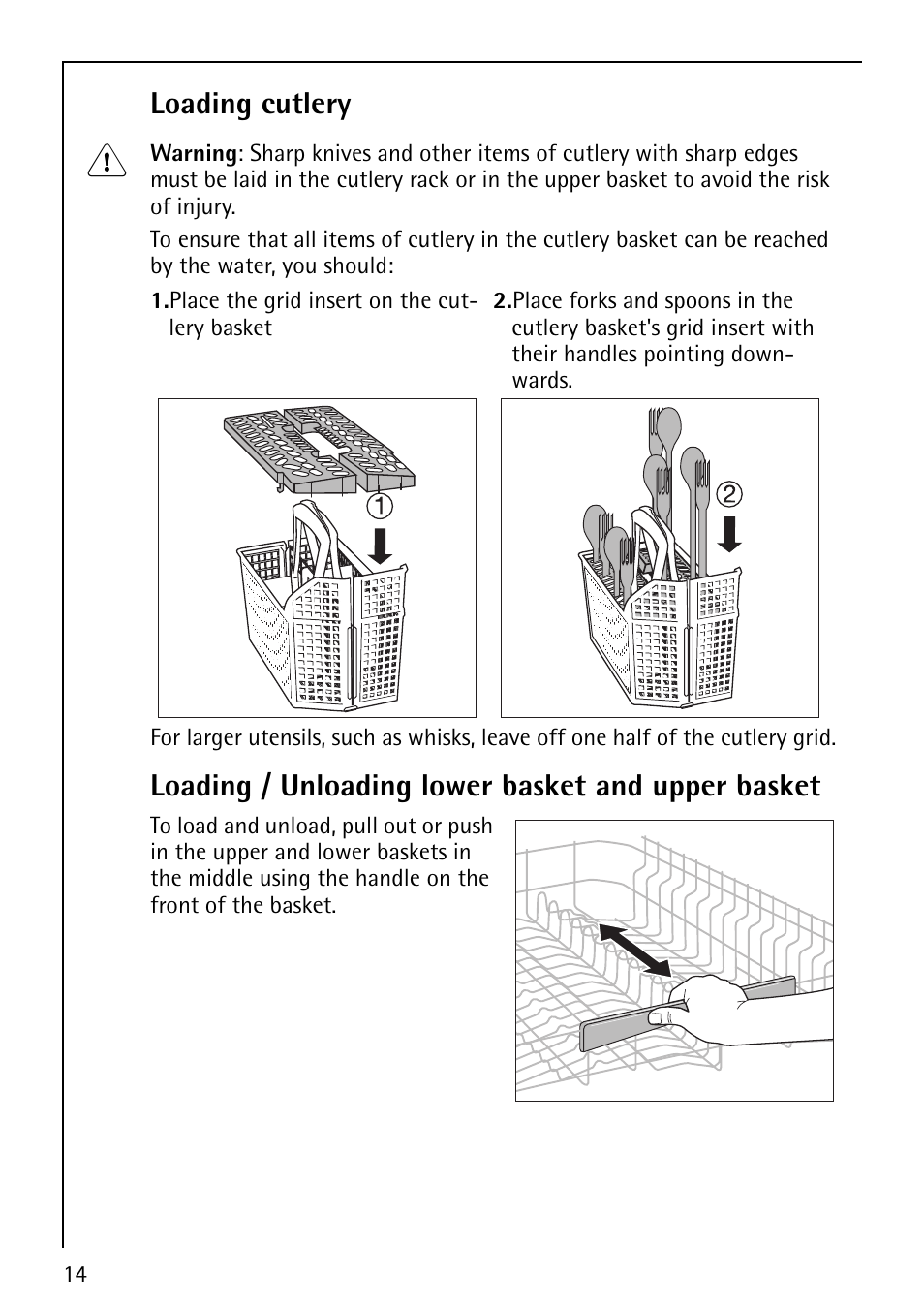 Loading cutlery, Loading / unloading lower basket and upper basket | AEG FAVORIT 40860 User Manual | Page 14 / 48