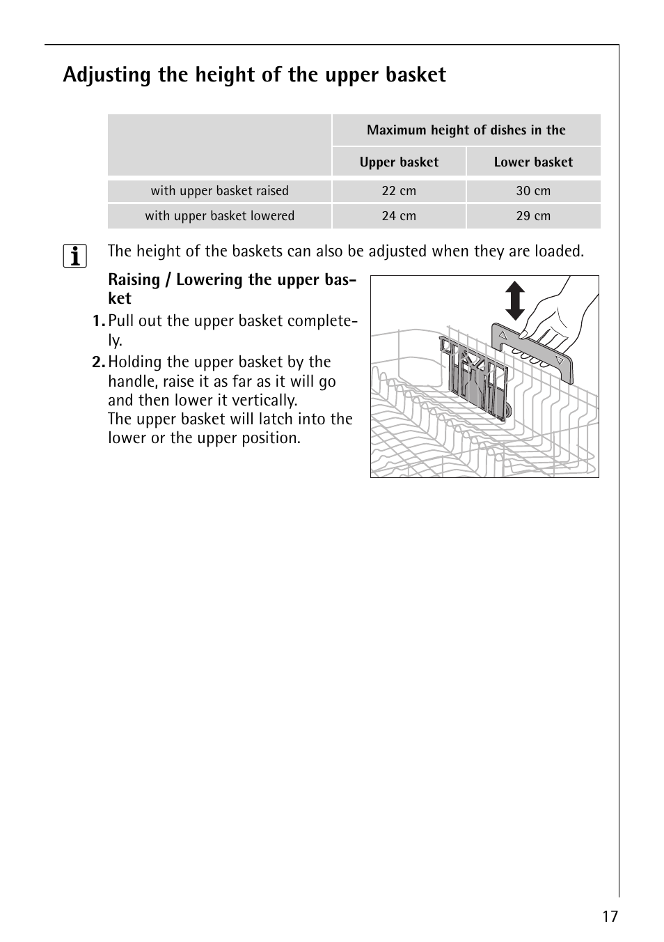 Adjusting the height of the upper basket | AEG FAVORIT 40860 User Manual | Page 17 / 48