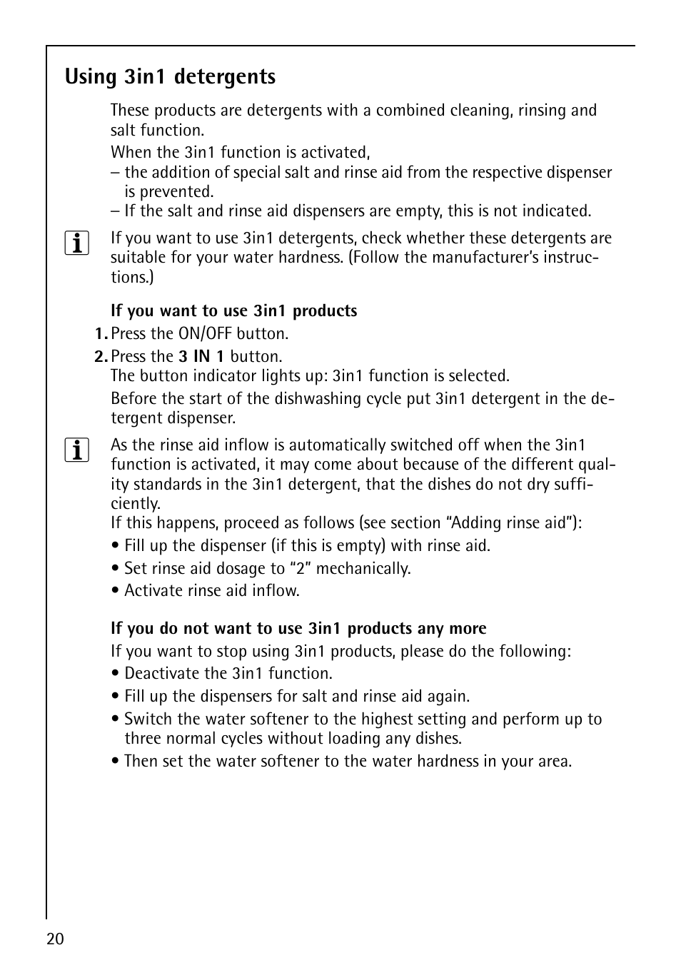 Using 3in1 detergents | AEG FAVORIT 40860 User Manual | Page 20 / 48