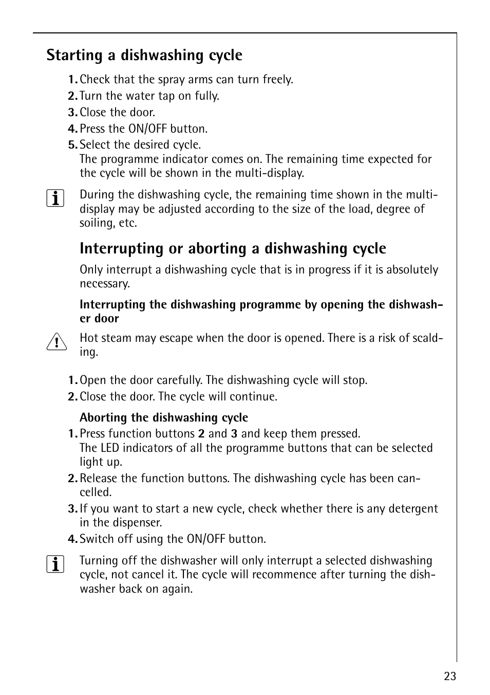 Starting a dishwashing cycle, Interrupting or aborting a dishwashing cycle | AEG FAVORIT 40860 User Manual | Page 23 / 48