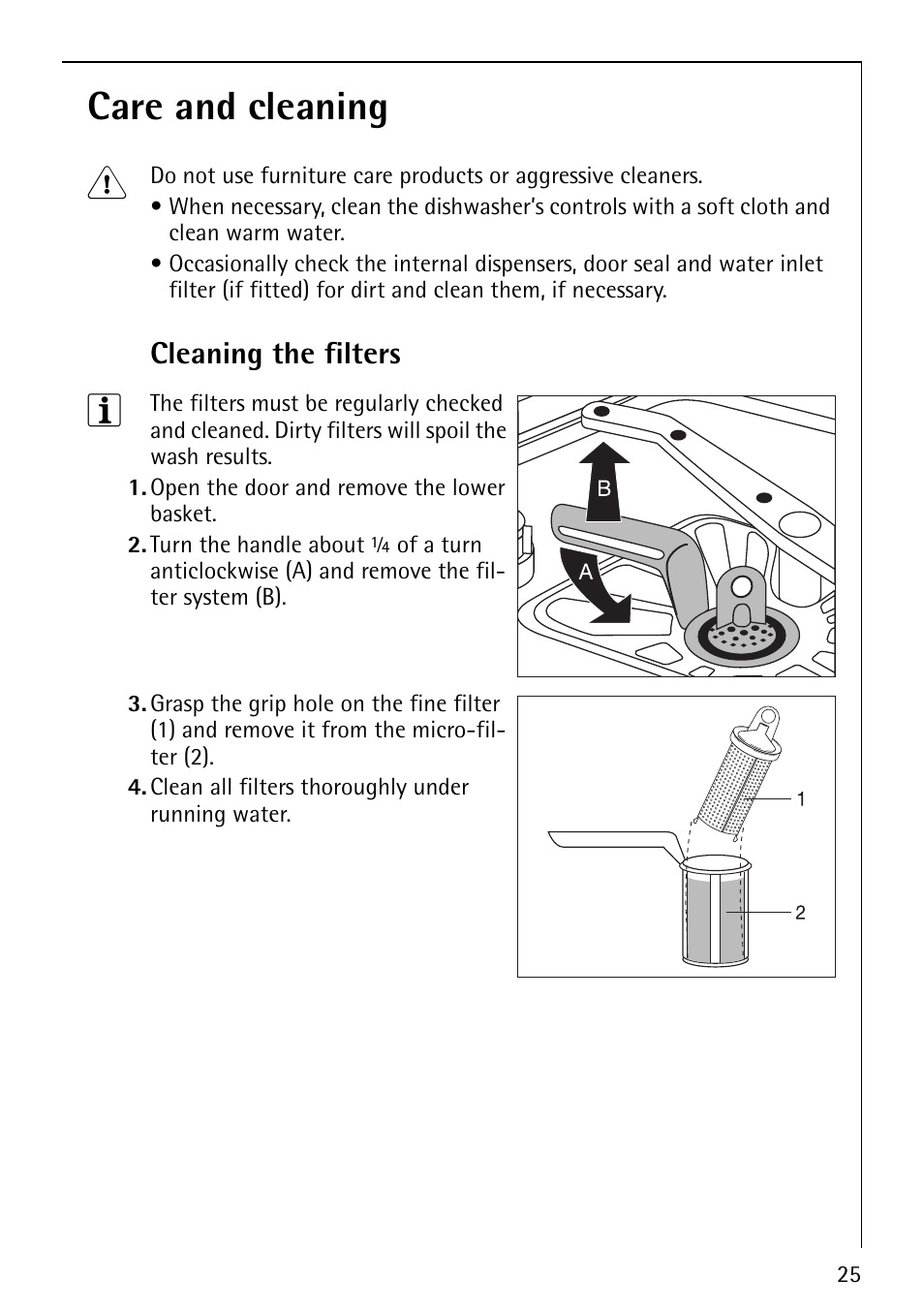 Care and cleaning 1, Cleaning the filters | AEG FAVORIT 40860 User Manual | Page 25 / 48