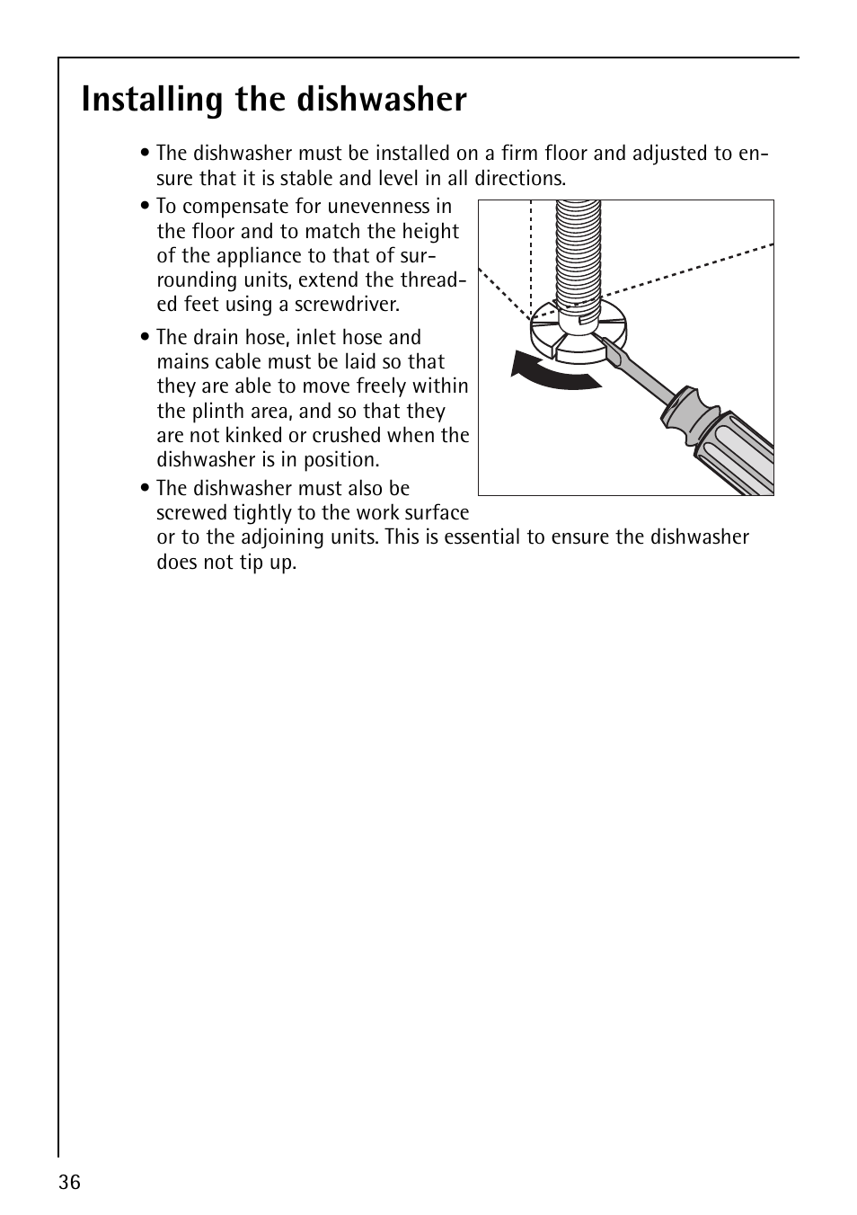 Installing the dishwasher | AEG FAVORIT 40860 User Manual | Page 36 / 48