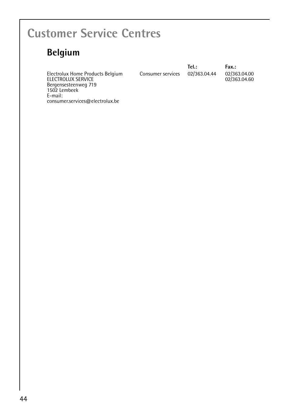 Customer service centres, Belgium | AEG FAVORIT 40860 User Manual | Page 44 / 48