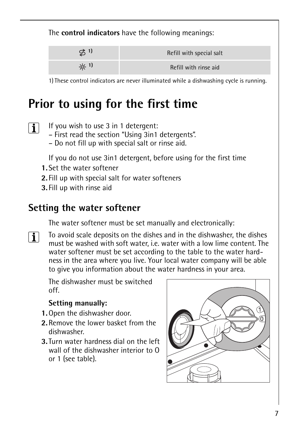 Prior to using for the first time 3, Setting the water softener | AEG FAVORIT 40860 User Manual | Page 7 / 48
