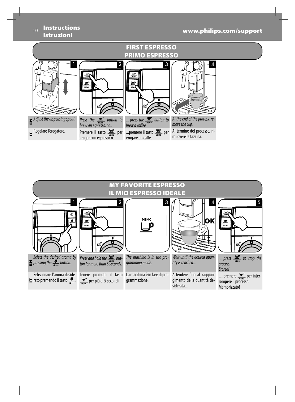 First espresso primo espresso, My favorite espresso il mio espresso ideale | Philips Saeco Syntia Cafetera expreso súper automática User Manual | Page 10 / 84