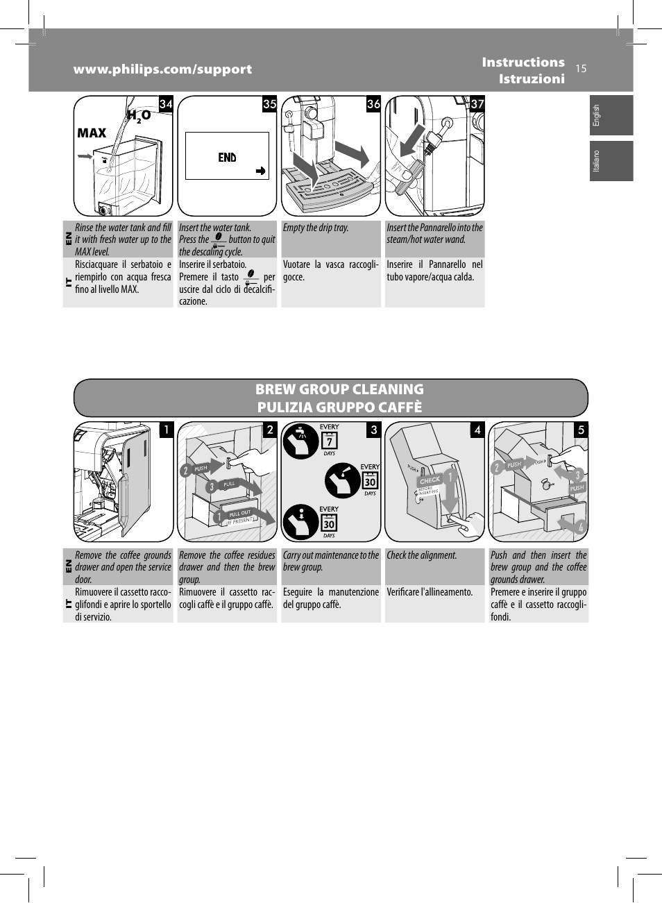 Brew group cleaning pulizia gruppo caffè | Philips Saeco Syntia Cafetera expreso súper automática User Manual | Page 15 / 84