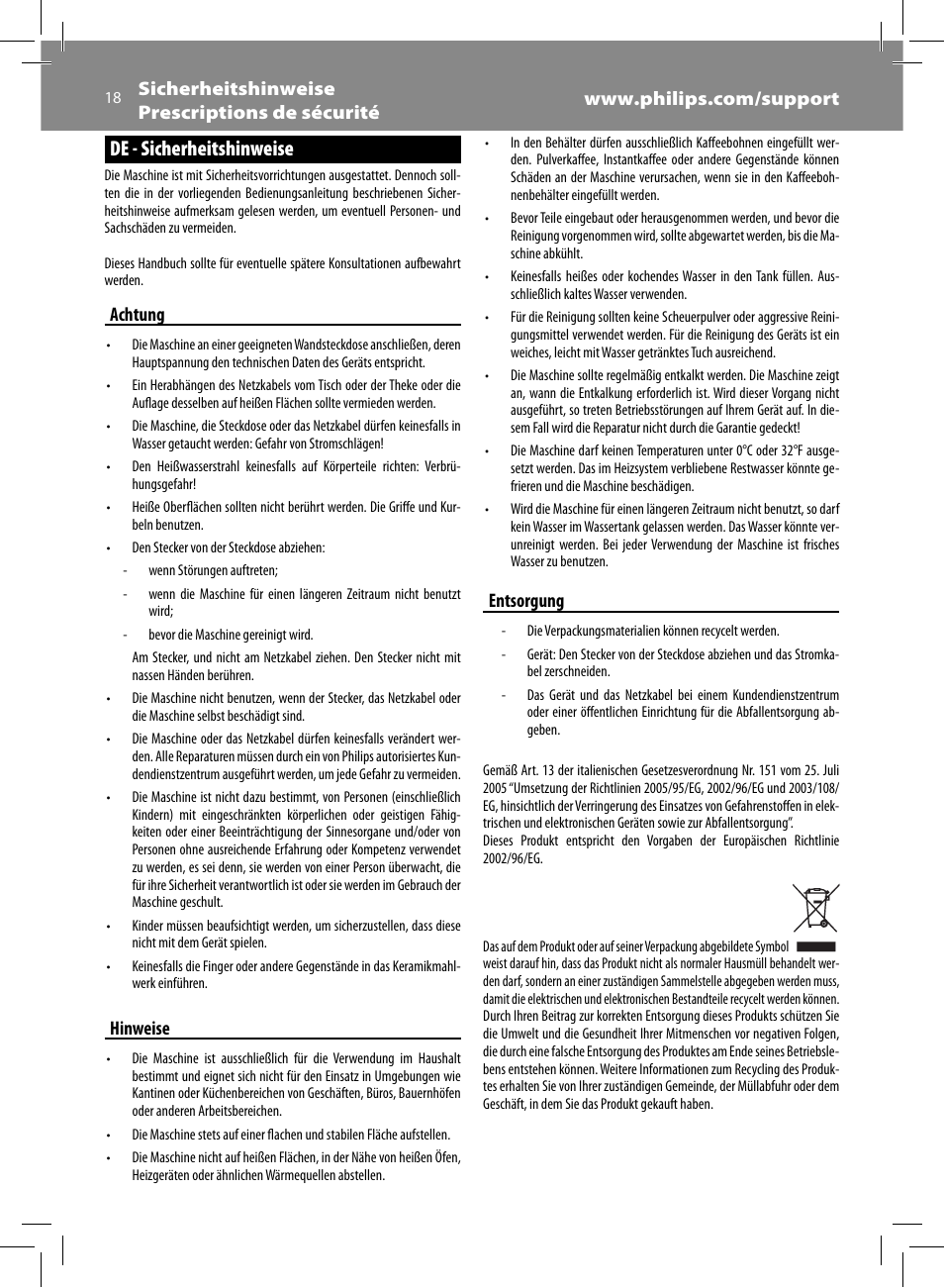 De - sicherheitshinweise, Achtung, Hinweise | Entsorgung | Philips Saeco Syntia Cafetera expreso súper automática User Manual | Page 18 / 84