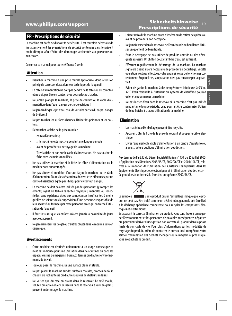 Fr - prescriptions de sécurité, Attention, Avertissements | Élimination | Philips Saeco Syntia Cafetera expreso súper automática User Manual | Page 19 / 84