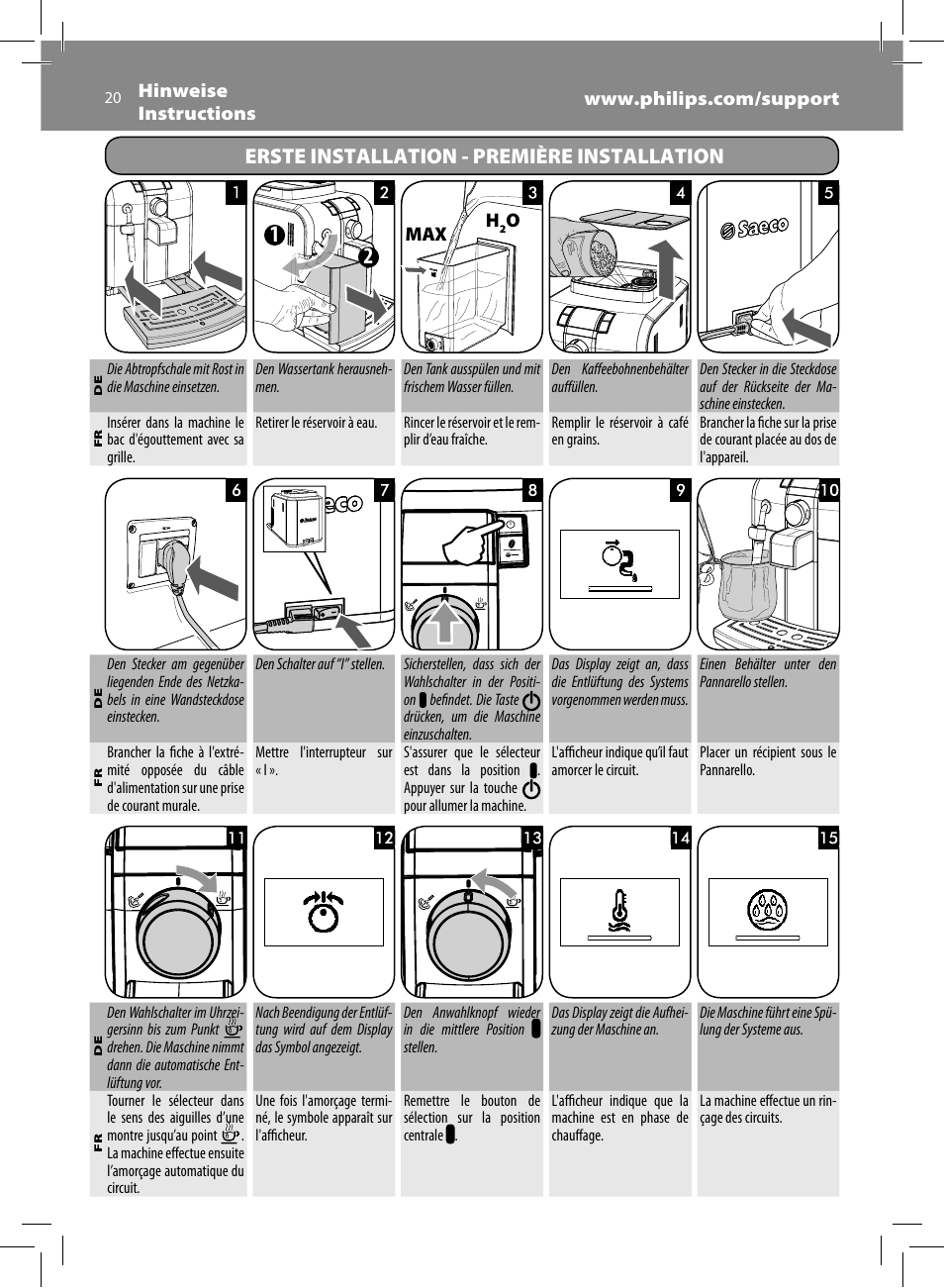 Erste installation - première installation | Philips Saeco Syntia Cafetera expreso súper automática User Manual | Page 20 / 84