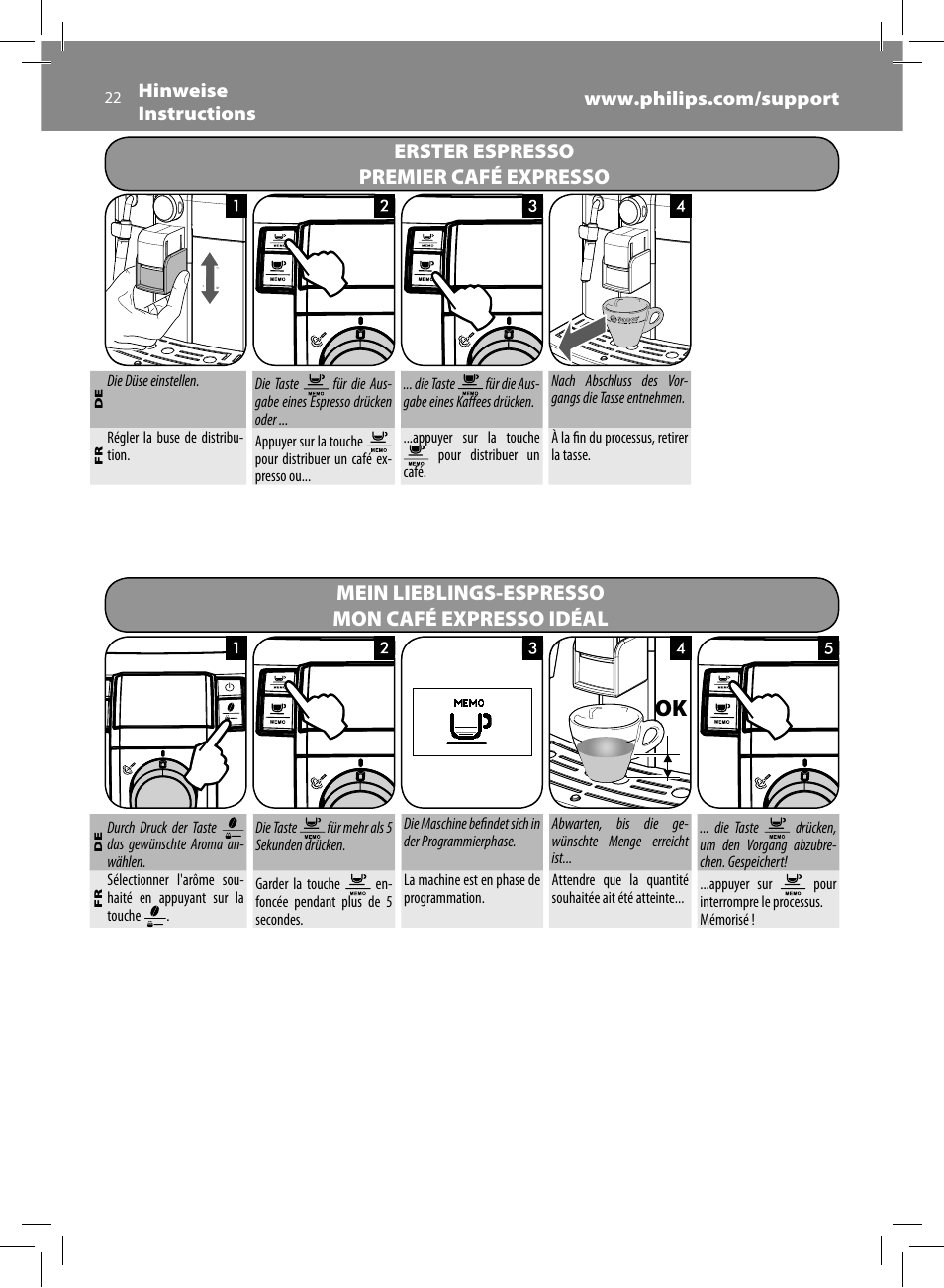 Erster espresso premier café expresso, Mein lieblings-espresso mon café expresso idéal | Philips Saeco Syntia Cafetera expreso súper automática User Manual | Page 22 / 84