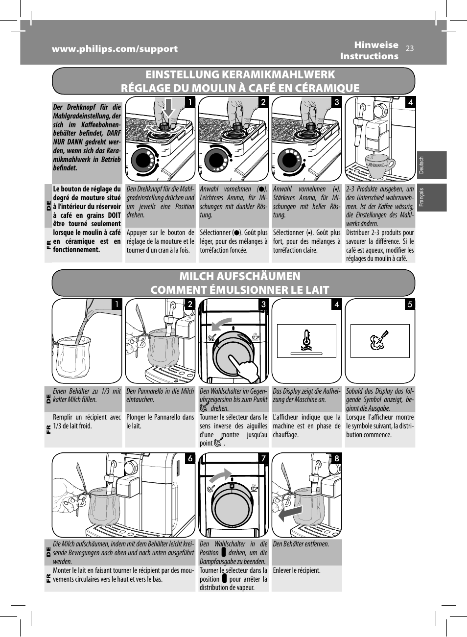 Milch aufschäumen comment émulsionner le lait | Philips Saeco Syntia Cafetera expreso súper automática User Manual | Page 23 / 84