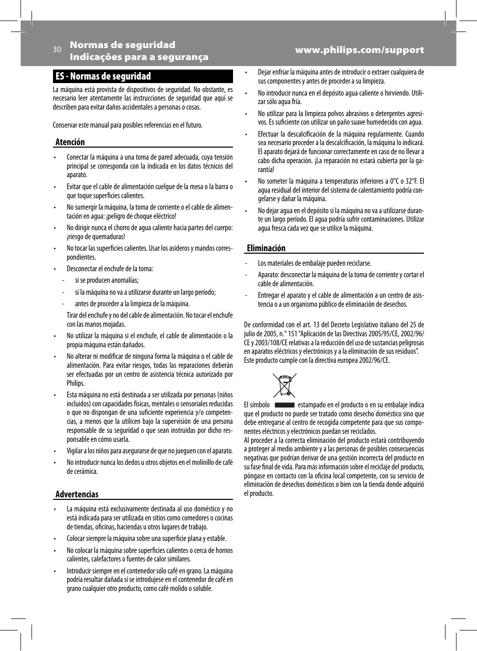 Es - normas de seguridad | Philips Saeco Syntia Cafetera expreso súper automática User Manual | Page 30 / 84