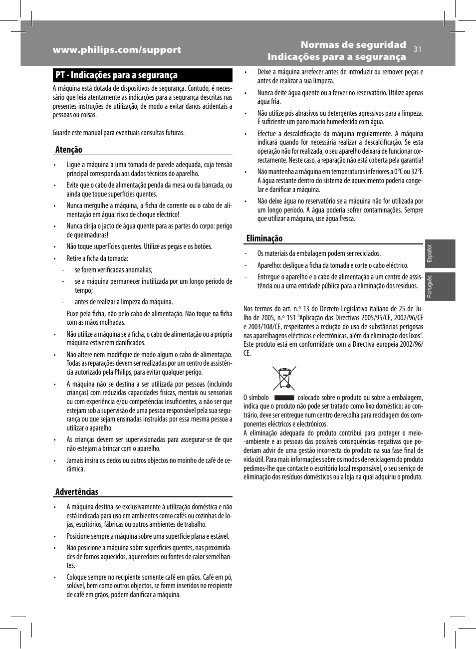 Pt - indicações para a segurança | Philips Saeco Syntia Cafetera expreso súper automática User Manual | Page 31 / 84