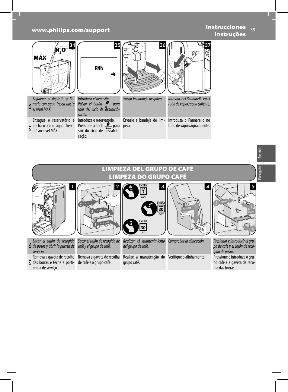 Limpieza del grupo de café limpeza do grupo café | Philips Saeco Syntia Cafetera expreso súper automática User Manual | Page 39 / 84