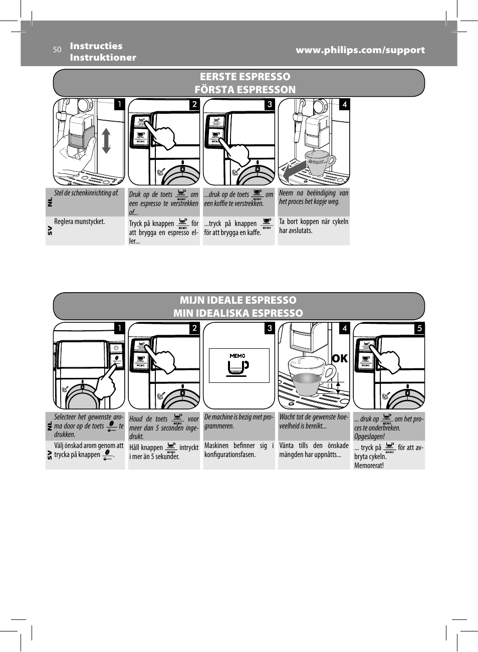 Eerste espresso första espresson, Mijn ideale espresso min idealiska espresso | Philips Saeco Syntia Cafetera expreso súper automática User Manual | Page 50 / 84