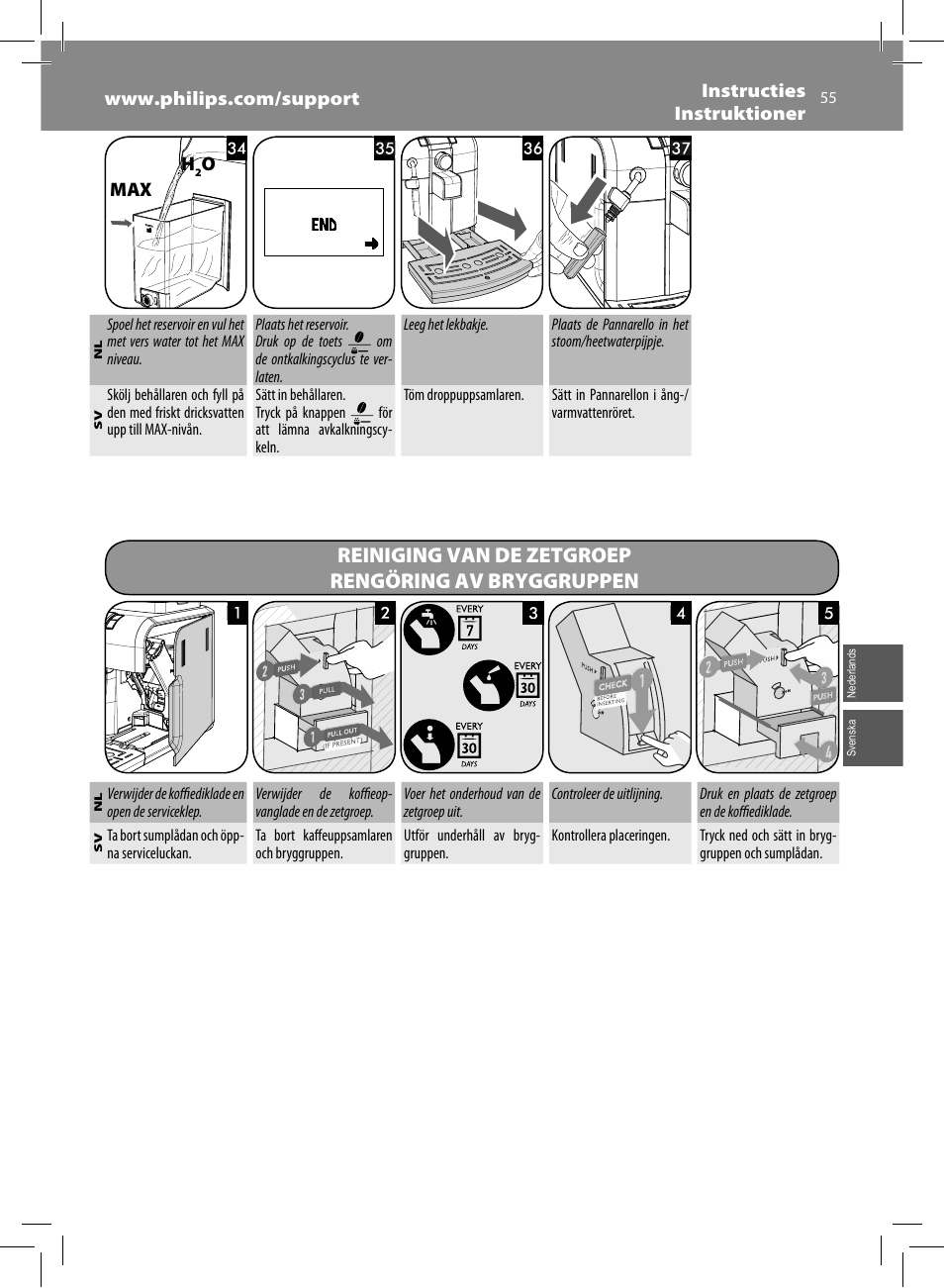 Reiniging van de zetgroep rengöring av bryggruppen | Philips Saeco Syntia Cafetera expreso súper automática User Manual | Page 55 / 84