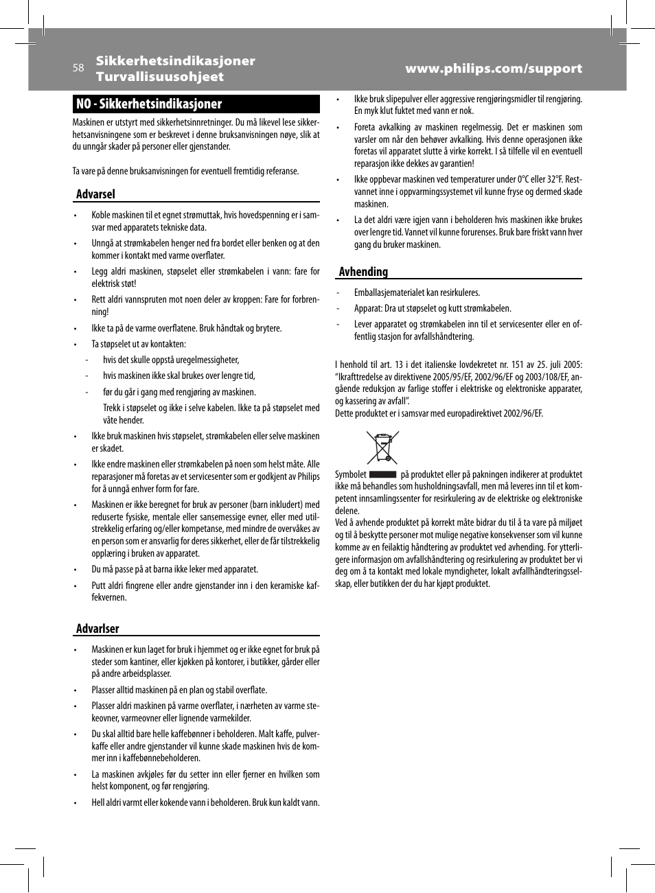 No - sikkerhetsindikasjoner, Advarsel, Advarlser | Avhending | Philips Saeco Syntia Cafetera expreso súper automática User Manual | Page 58 / 84