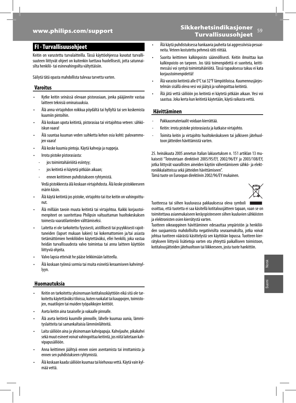 Fi - turvallisuusohjeet, Varoitus, Huomautuksia | Hävittäminen | Philips Saeco Syntia Cafetera expreso súper automática User Manual | Page 59 / 84