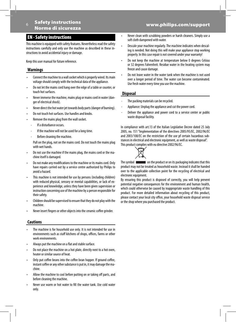 En - safety instructions, Warnings, Cautions | Disposal | Philips Saeco Syntia Cafetera expreso súper automática User Manual | Page 6 / 84