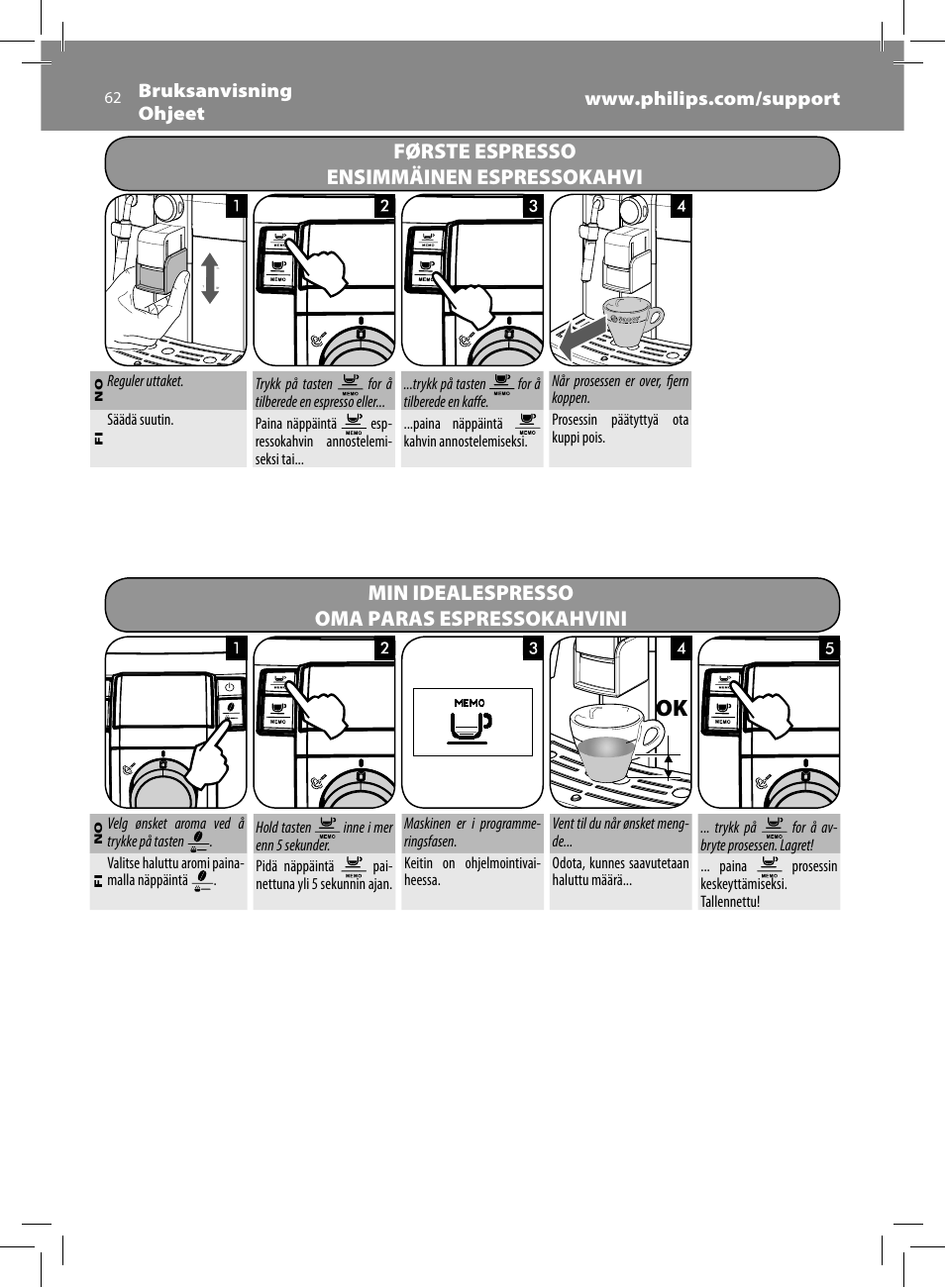 Første espresso ensimmäinen espressokahvi, Min idealespresso oma paras espressokahvini | Philips Saeco Syntia Cafetera expreso súper automática User Manual | Page 62 / 84
