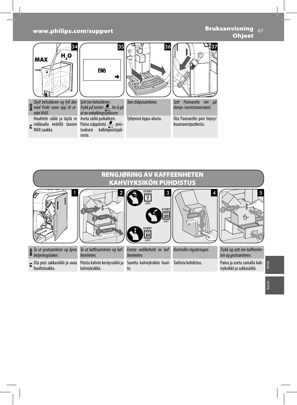 Rengjøring av kaffeenheten kahviyksikön puhdistus | Philips Saeco Syntia Cafetera expreso súper automática User Manual | Page 67 / 84