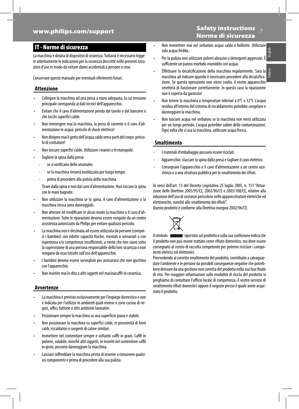 It - norme di sicurezza, Attenzione, Avvertenze | Smaltimento | Philips Saeco Syntia Cafetera expreso súper automática User Manual | Page 7 / 84