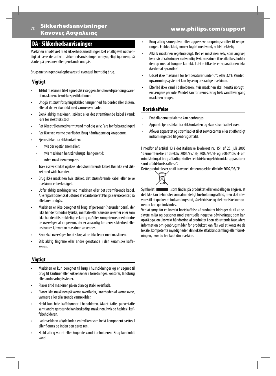 Da - sikkerhedsanvisninger, Vigtigt, Bortskaff else | Philips Saeco Syntia Cafetera expreso súper automática User Manual | Page 70 / 84
