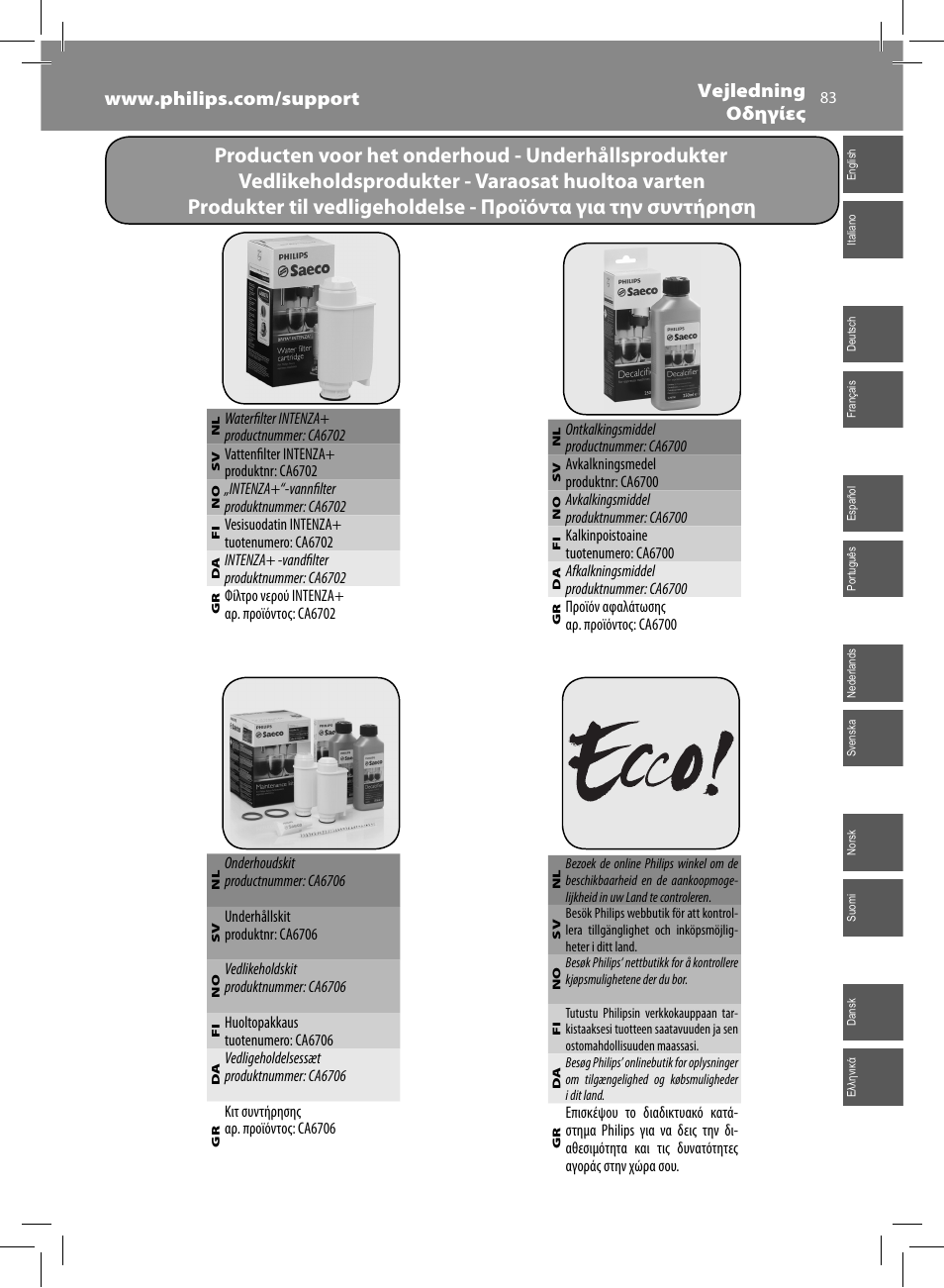 Philips Saeco Syntia Cafetera expreso súper automática User Manual | Page 83 / 84