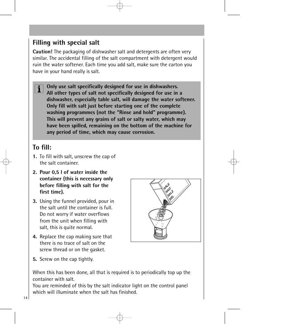 Filling with special salt | AEG KO_FAVORIT 64800 User Manual | Page 14 / 43
