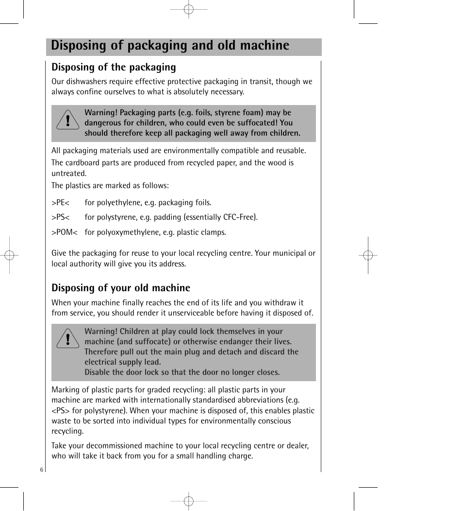 Disposing of packaging and old machine, Disposing of the packaging, Disposing of your old machine | AEG KO_FAVORIT 64800 User Manual | Page 6 / 43