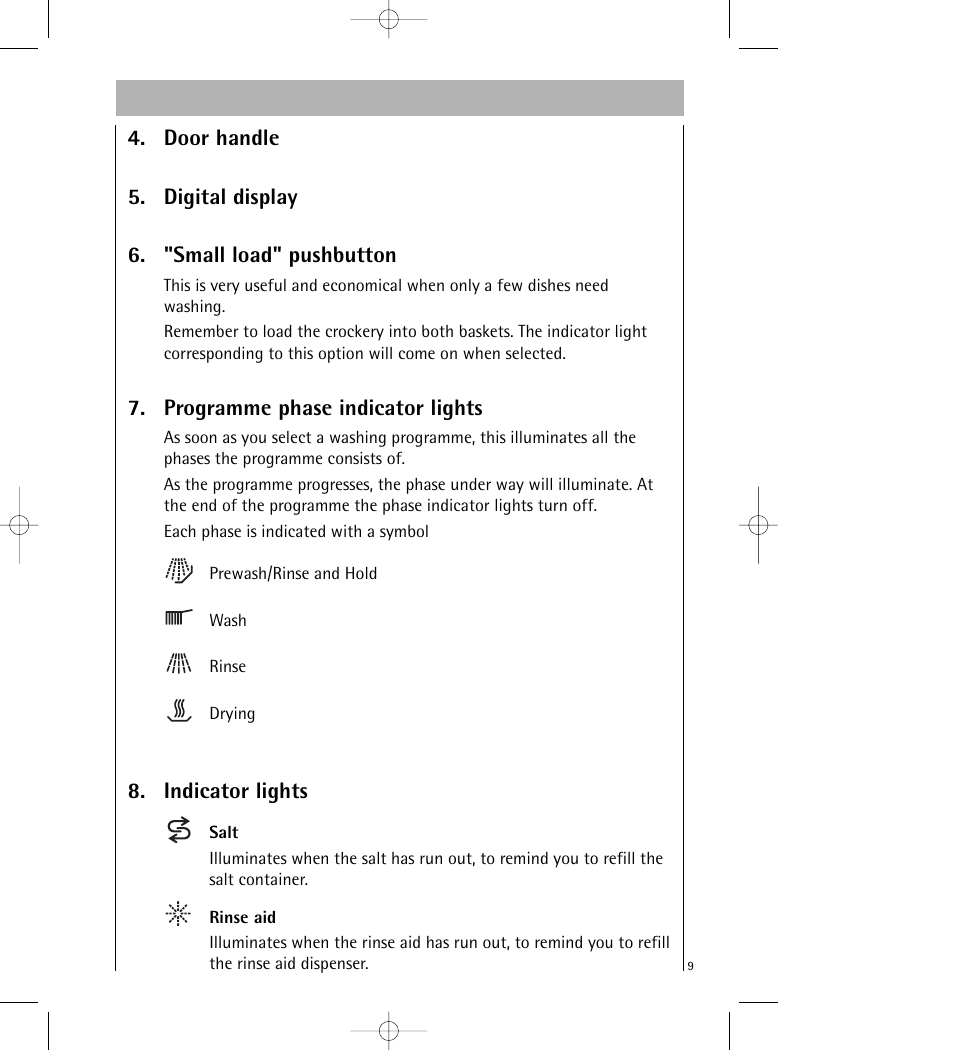 Programme phase indicator lights, Indicator lights | AEG KO_FAVORIT 64800 User Manual | Page 9 / 43