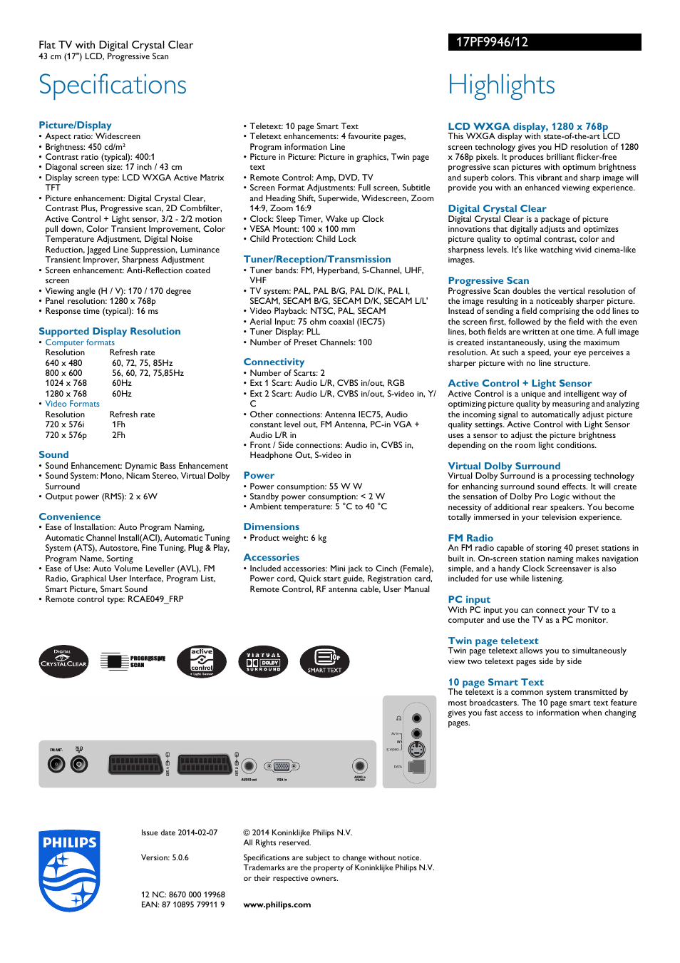 Specifications, Highlights | Philips Matchline Flat TV User Manual | Page 2 / 2