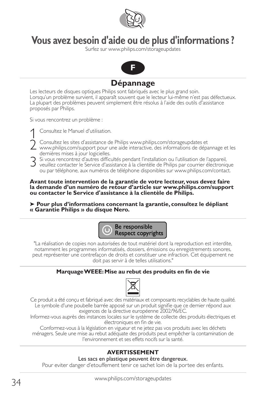 Vous avez besoin d'aide ou de plus d'informations, Dépannage | Philips Unidad de discos Blu-Ray User Manual | Page 34 / 72