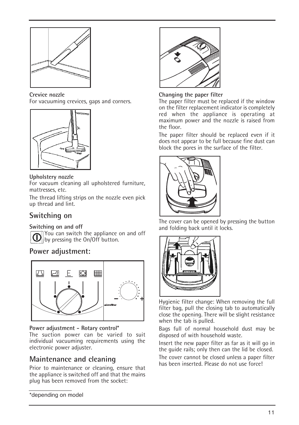 Switching on, Power adjustment, Maintenance and cleaning | AEG 5 User Manual | Page 5 / 8