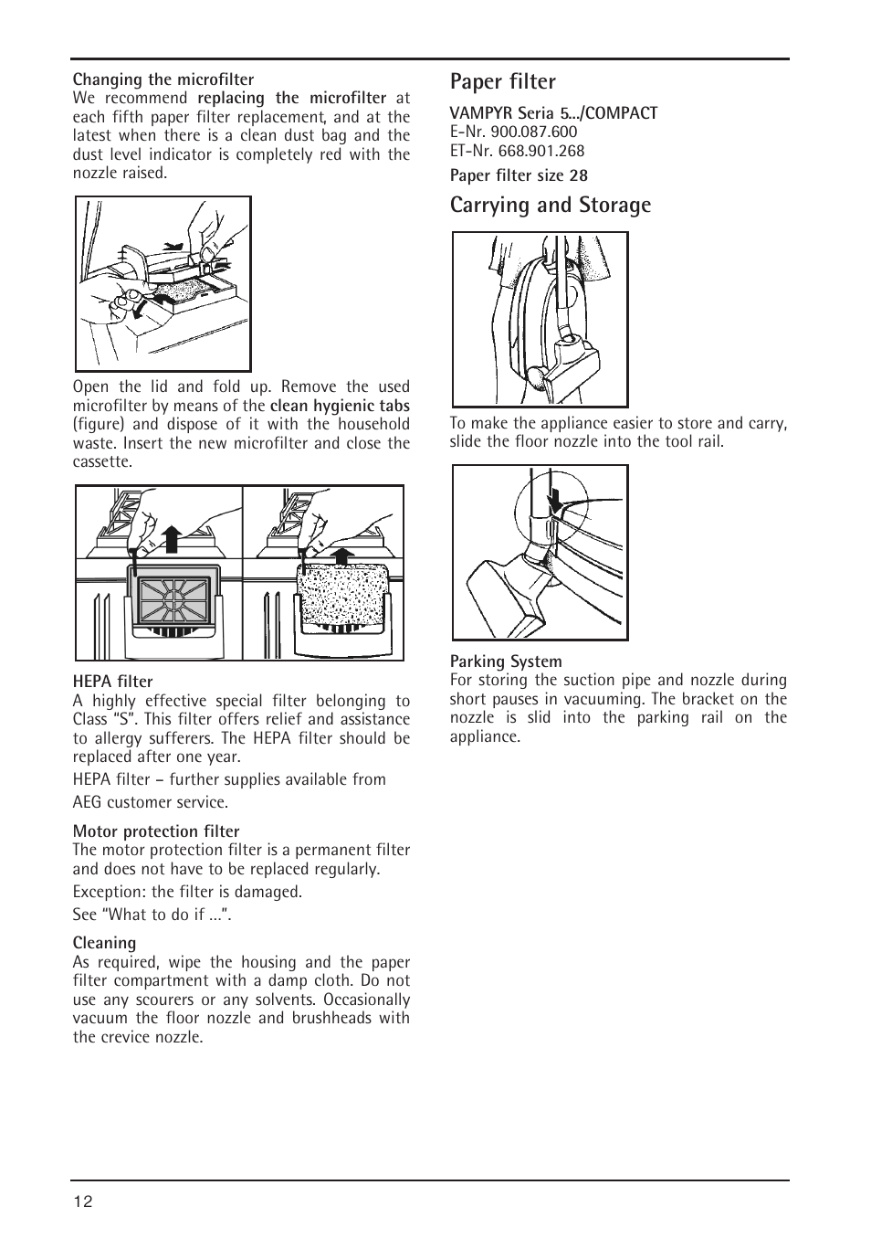 Paper filter, Carrying and storage | AEG 5 User Manual | Page 6 / 8