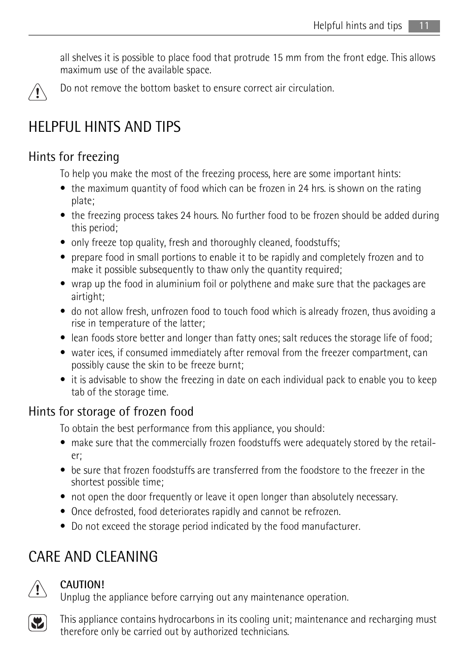Helpful hints and tips, Care and cleaning, Hints for freezing | Hints for storage of frozen food | AEG A62900GSX0 User Manual | Page 11 / 24