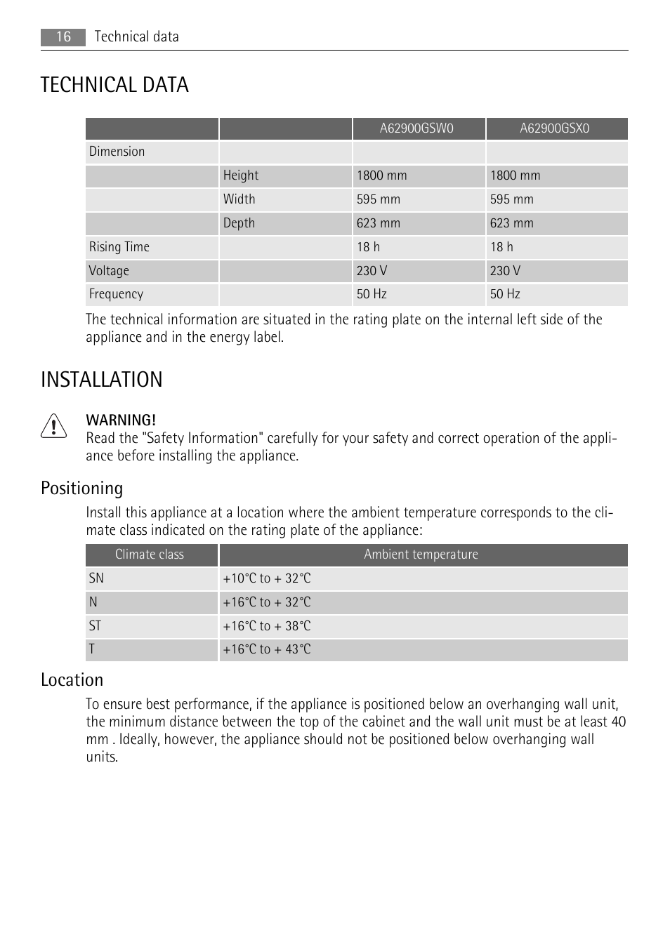 Technical data, Installation, Positioning | Location | AEG A62900GSX0 User Manual | Page 16 / 24