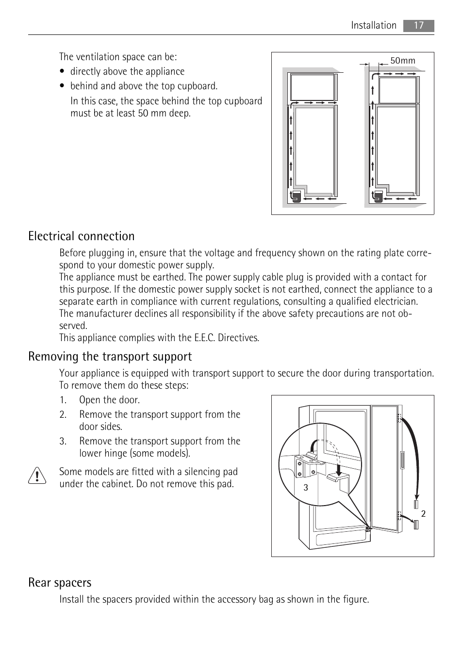 Electrical connection, Removing the transport support, Rear spacers | AEG A62900GSX0 User Manual | Page 17 / 24