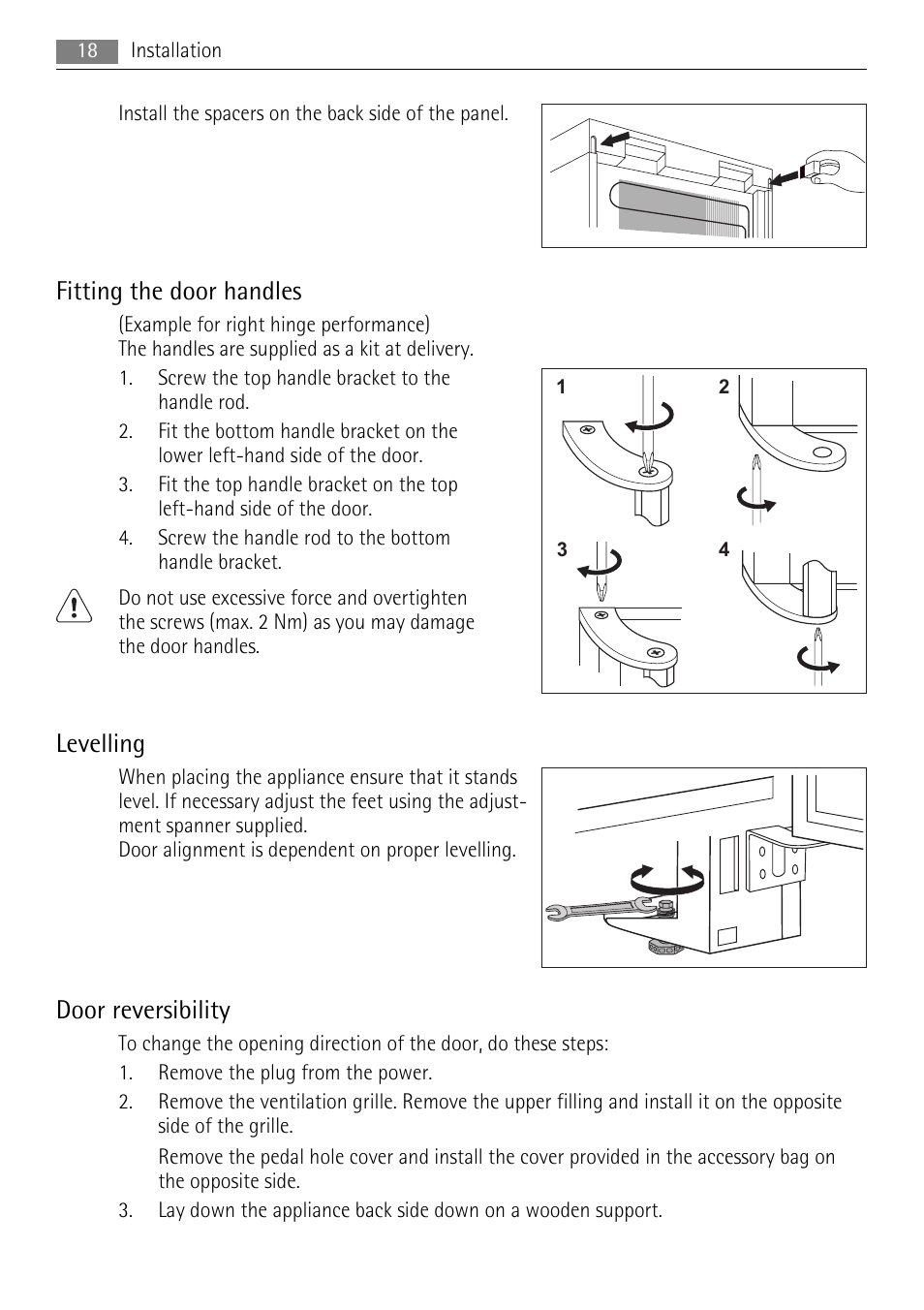 Fitting the door handles, Levelling, Door reversibility | AEG A62900GSX0 User Manual | Page 18 / 24
