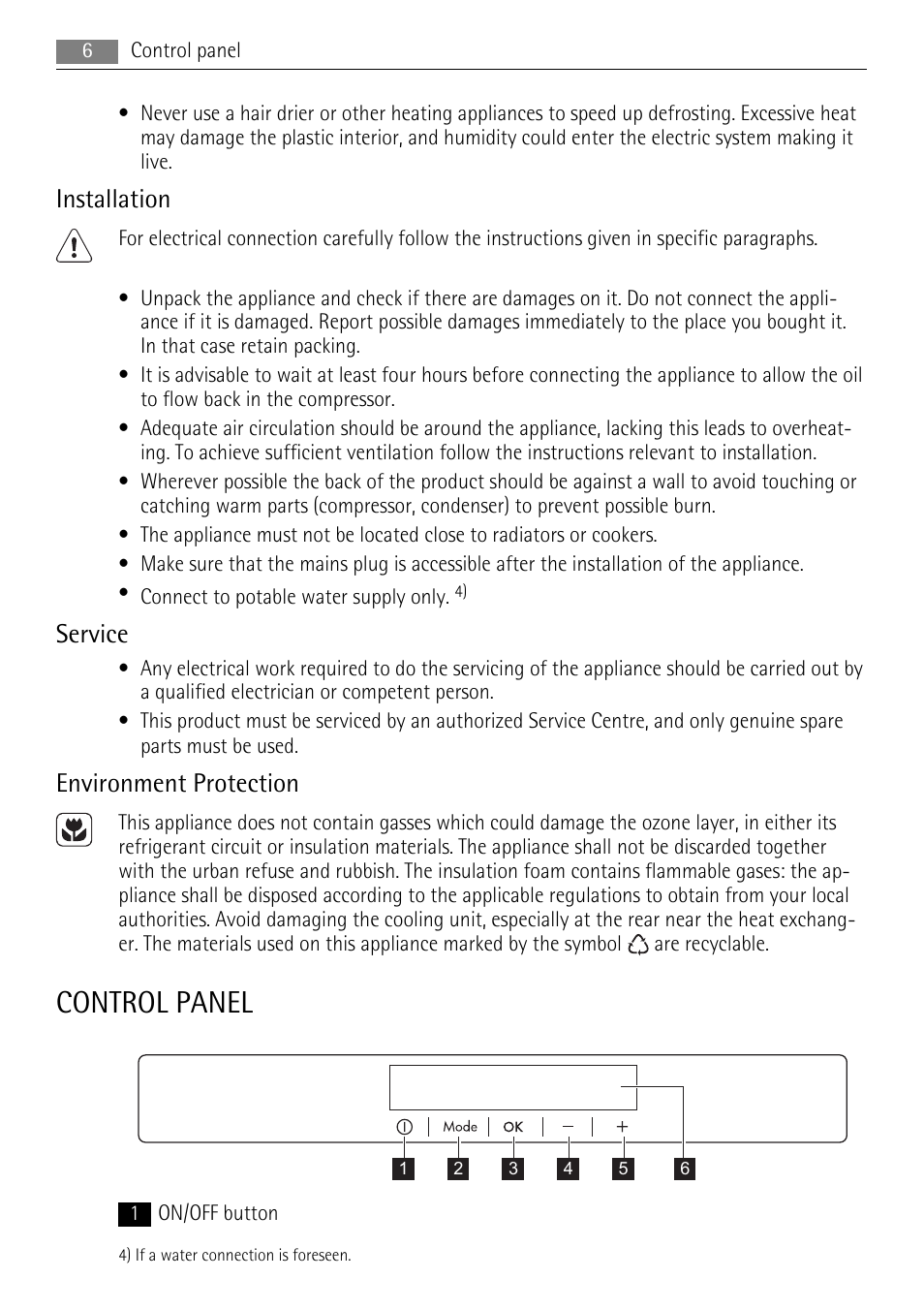 Control panel, Installation, Service | Environment protection | AEG A62900GSX0 User Manual | Page 6 / 24